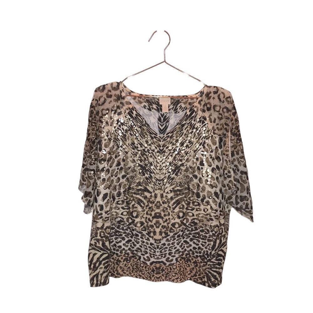 Chico’s Animal Print Gold Metallic V Neck size 2 large